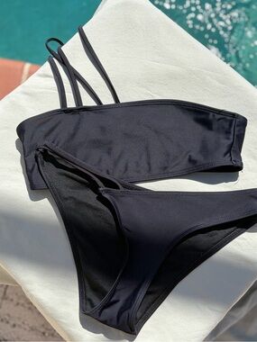 Black Bikini Set Small Strappy Bandeau Two Piece Swimsuit Minimalist Swimwear